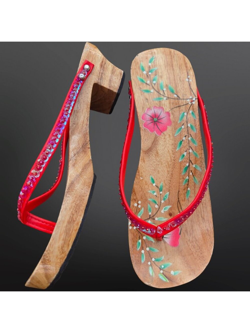 Vintage Hand Painted Wooden Chunky  Heel Platform Wooden Sandals Size 7.5 Thong